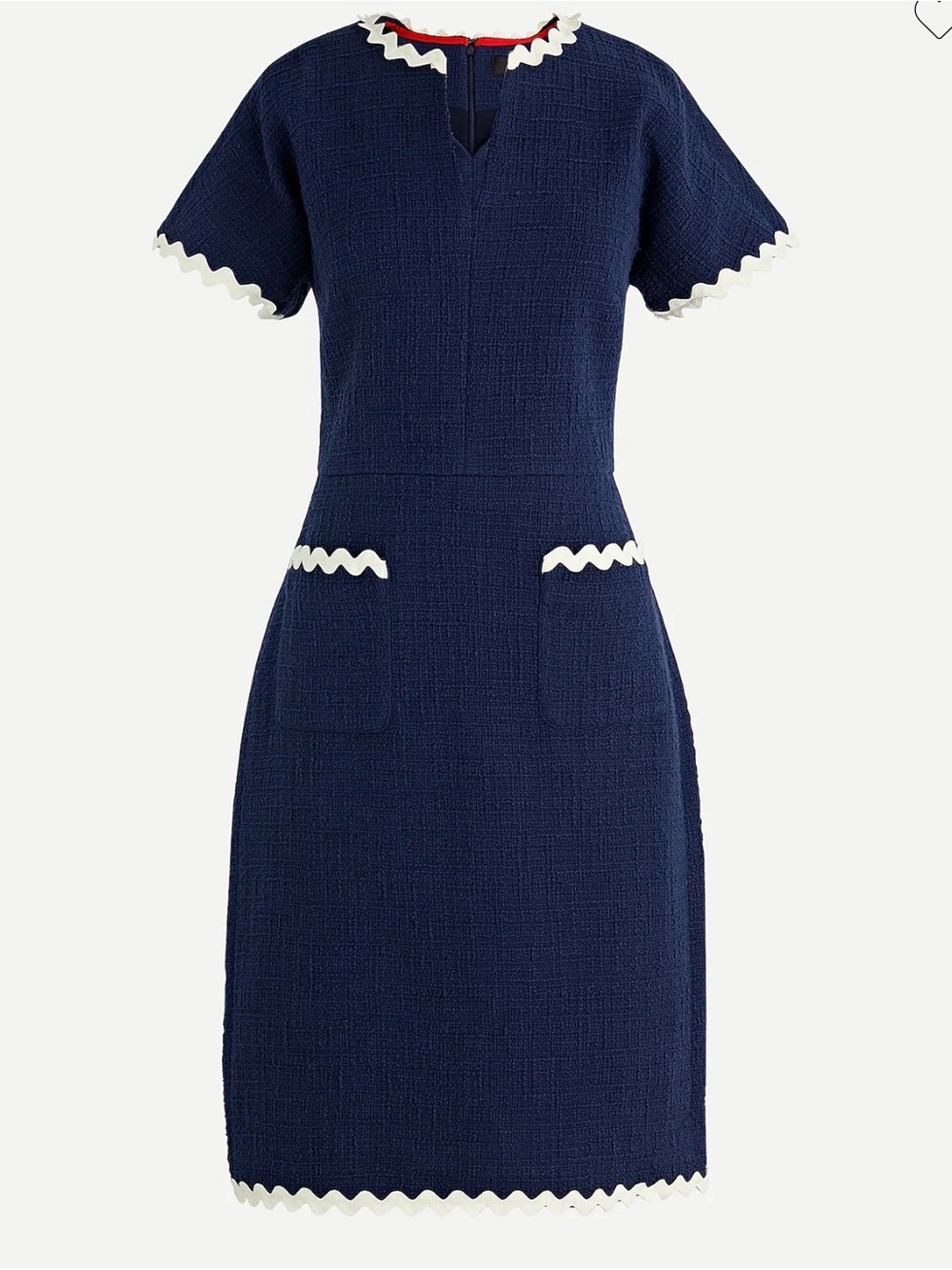 J. Crew Navy Tweed Dress with Rickrack Trim Front Pockets #AO691